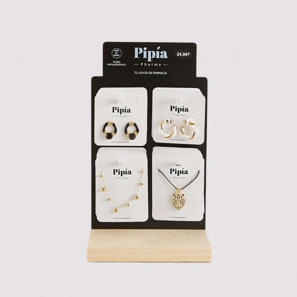 Expositor Bisutería A: (8 pares de pendientes PVL14.90€ PVP25.90€ y 8 collares PVL14.90€ PVP25.90€.)